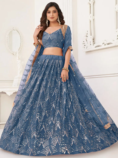 Wonderful Blue Sequins Net Bridesmaid Lehenga Choli With Dupatta